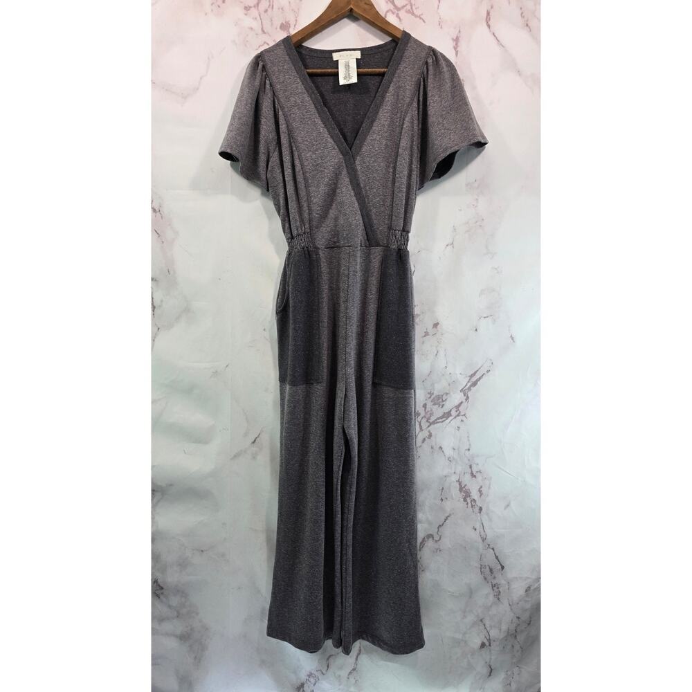 Eri + Ali Jumpsuit Womens Small Gray Terry Straight Wide Leg V Neck Pocket